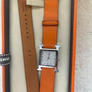 Hermes Heure H Watch, Small Model, 25mm with orange wrap around leather band